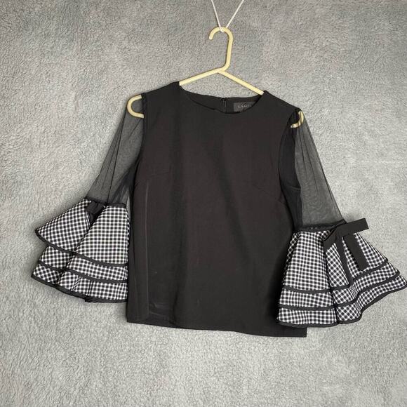 Gracia black bows plaid fancy date night dramatic bell sleeves dressy blouse S - Picture 1 of 10